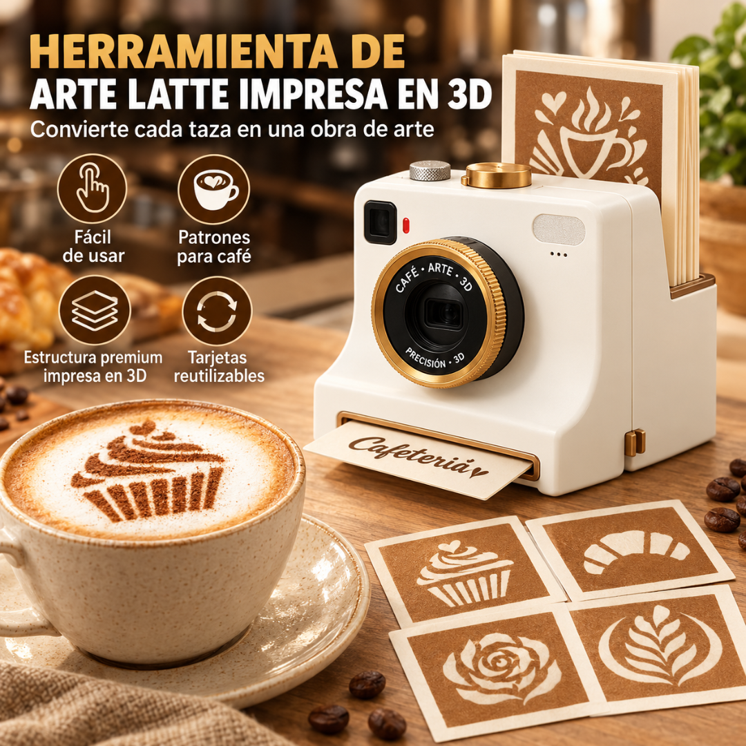 Decorador de café con forma de cámara y 4 tarjetas