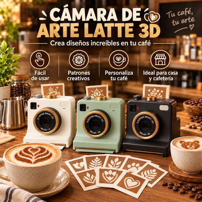 Decorador de café con forma de cámara y 4 tarjetas