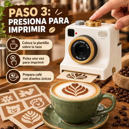 Decorador de café con forma de cámara y 4 tarjetas
