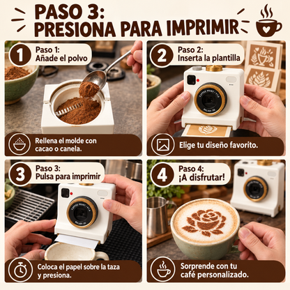 Decorador de café con forma de cámara y 4 tarjetas