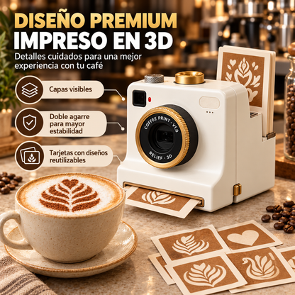 Decorador de café con forma de cámara y 4 tarjetas